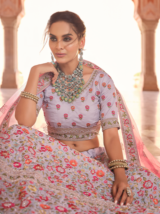 Grey Embroidered Crepe Semi Stitched Lehenga With Unstitched Blouse Clothsvilla