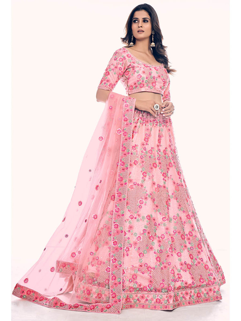 Peach Soft Net Embroidered Designer Lehenga Choli Clothsvilla