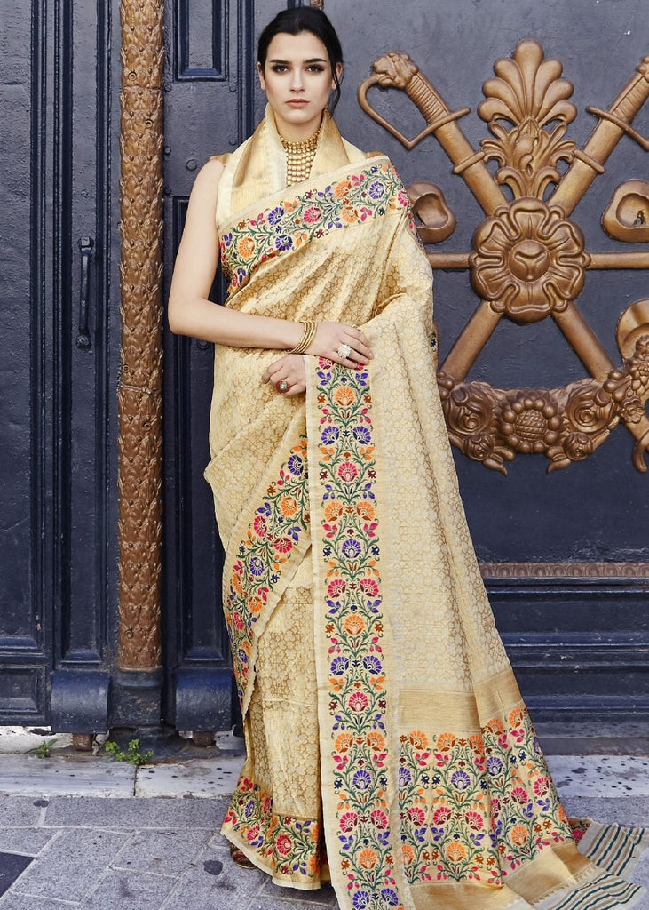 Cream and Golden Blend Silk Saree with Floral Woven Border and Pallu Clothsvilla