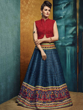 Red and Blue Designer Partywear Lehenga Choli ClothsVilla