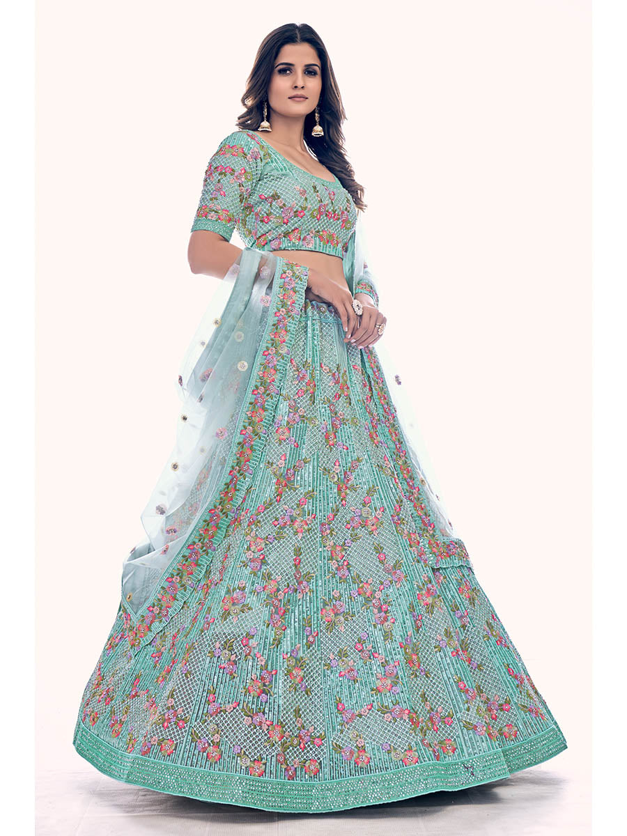 Firozi Soft Net Embroidered Designer Lehenga Choli Clothsvilla