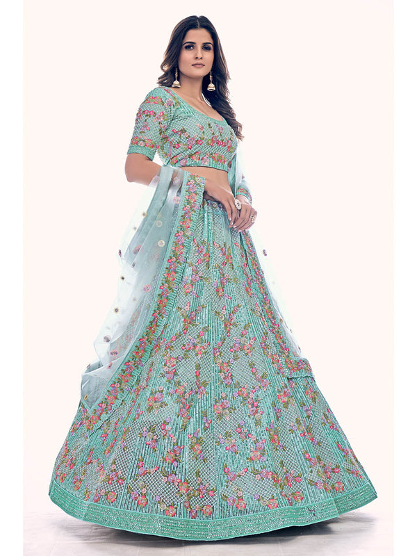 Firozi Soft Net Embroidered Designer Lehenga Choli Clothsvilla