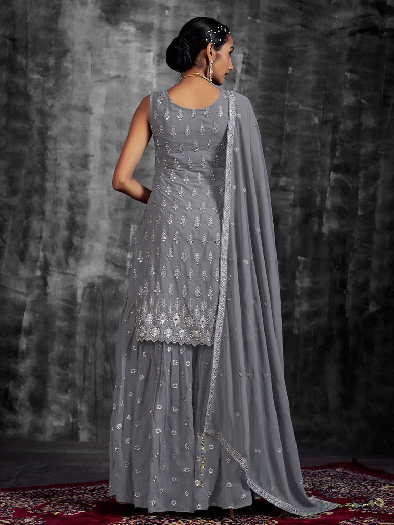 Stylish Embroidered Grey Georgette Stitched Kurta Set Clothsvilla