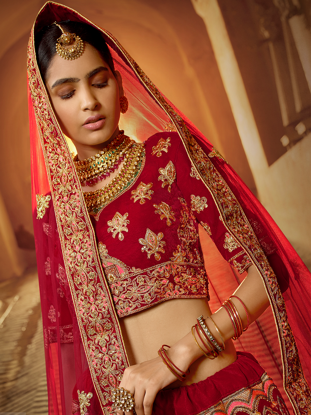 Red Velvet Semi Stitched Lehenga With Unstitched Blouse Clothsvilla