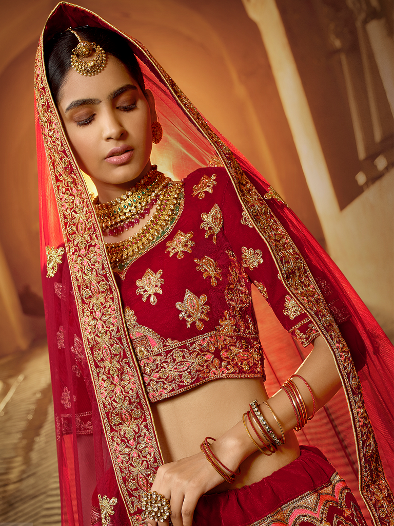 Red Velvet Semi Stitched Lehenga With Unstitched Blouse Clothsvilla