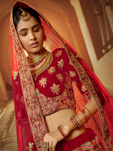 Load image into Gallery viewer, Red Velvet Semi Stitched Lehenga With Unstitched Blouse Clothsvilla