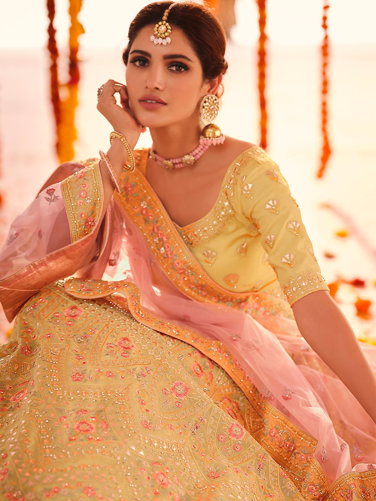 Yellow Embroidered Organza Semi Stitched Lehenga With Unstitched Blouse Clothsvilla