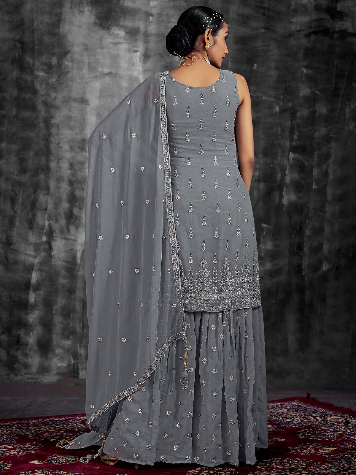 Grey Embroidered Partywear  Stitched Kurtaset Clothsvilla