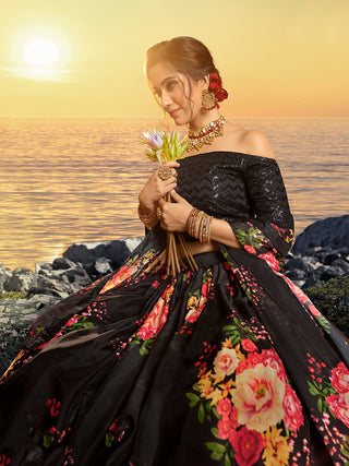 Black Classy Semi Stitched Lehenga With  Unstitched Blouse Clothsvilla