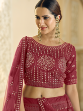 Load image into Gallery viewer, Maroon Soft Net Semi Stitched Lehenga With Unstitched Blouse Clothsvilla