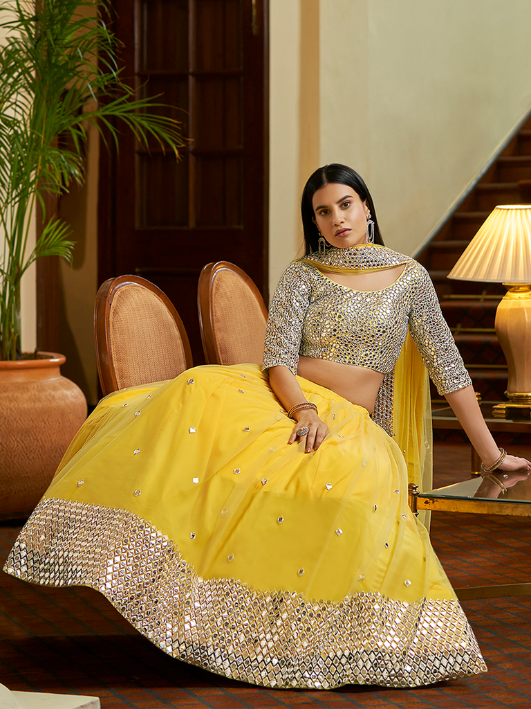 Yellow Soft Net Semi Stitched Lehenga With Unstitched Blouse Clothsvilla