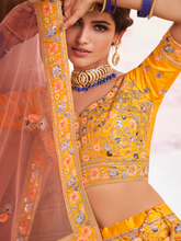 Load image into Gallery viewer, Mustard Swarovski Embroidered Crepe Semi Stitched Lehenga With Unstitched Blouse Clothsvilla