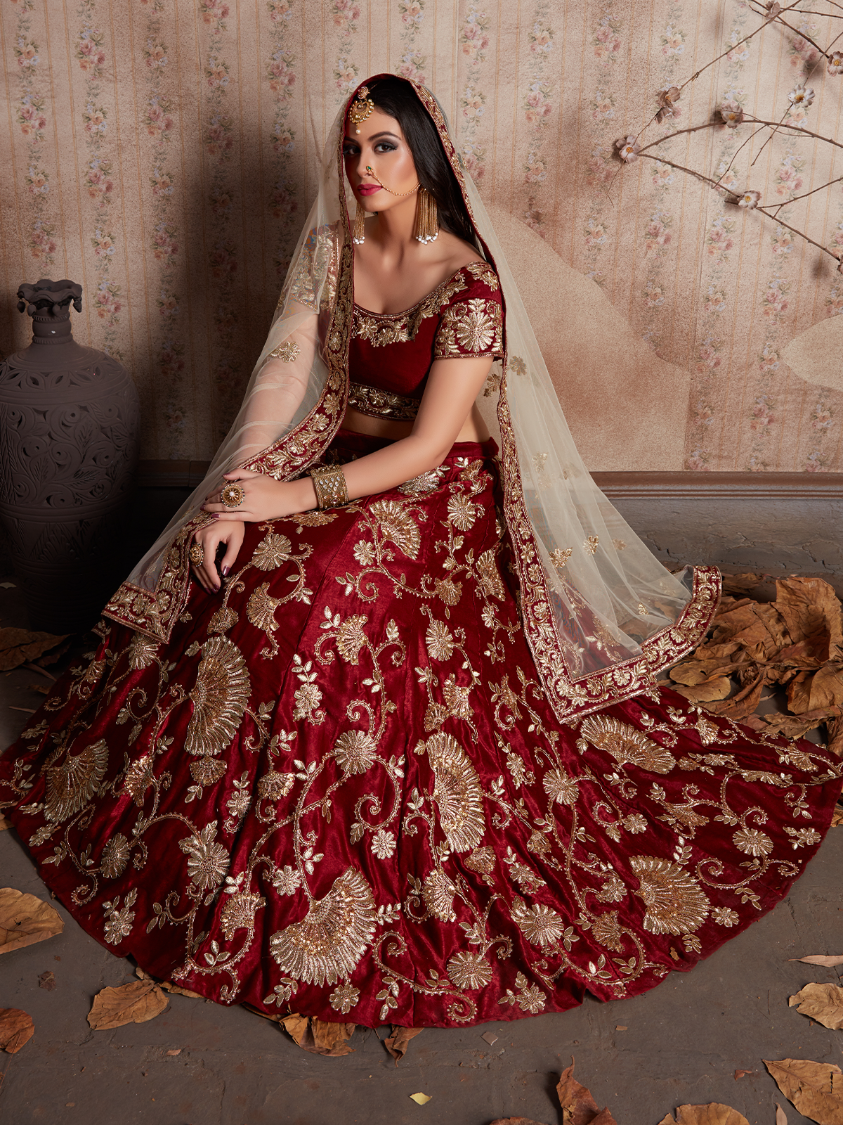 Maroon Embroidered Semi Stitched Lehenga With Unstitched Blouse Clothsvilla