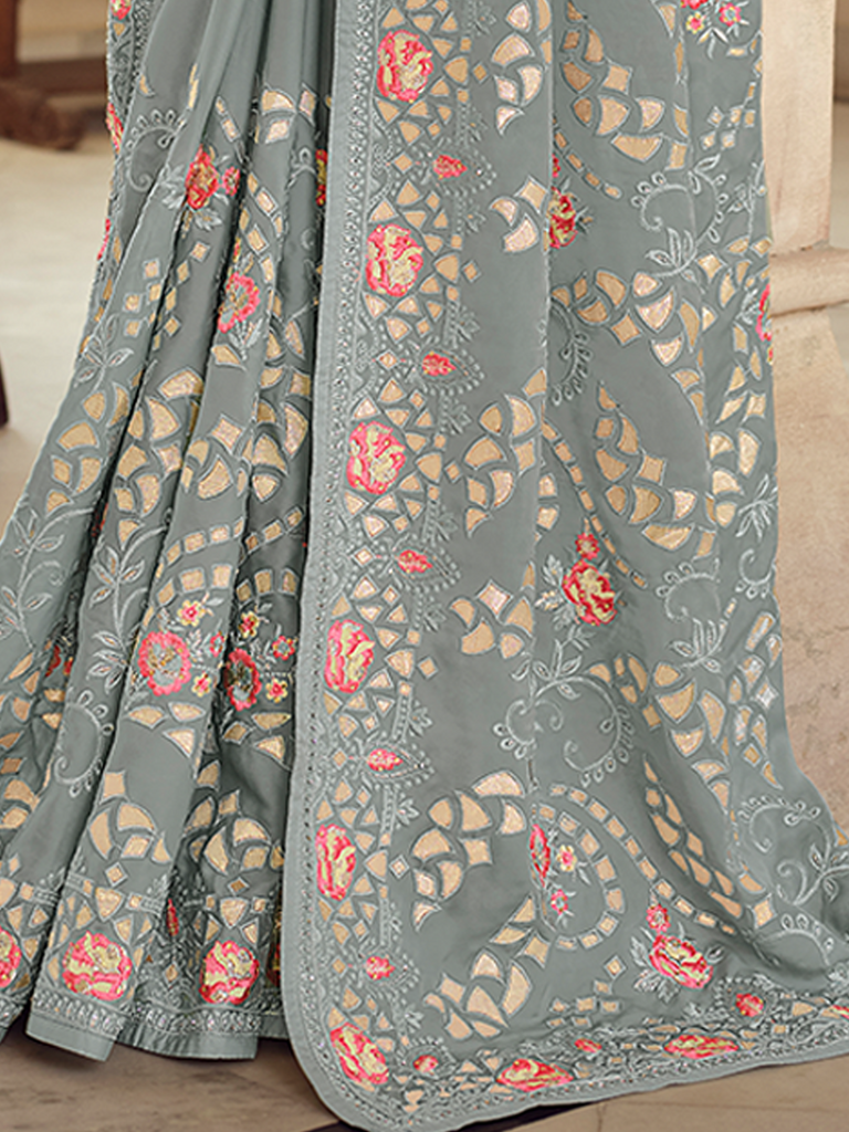 Grey Satin Georgette Saree With Unstitched Blouse Clothsvilla