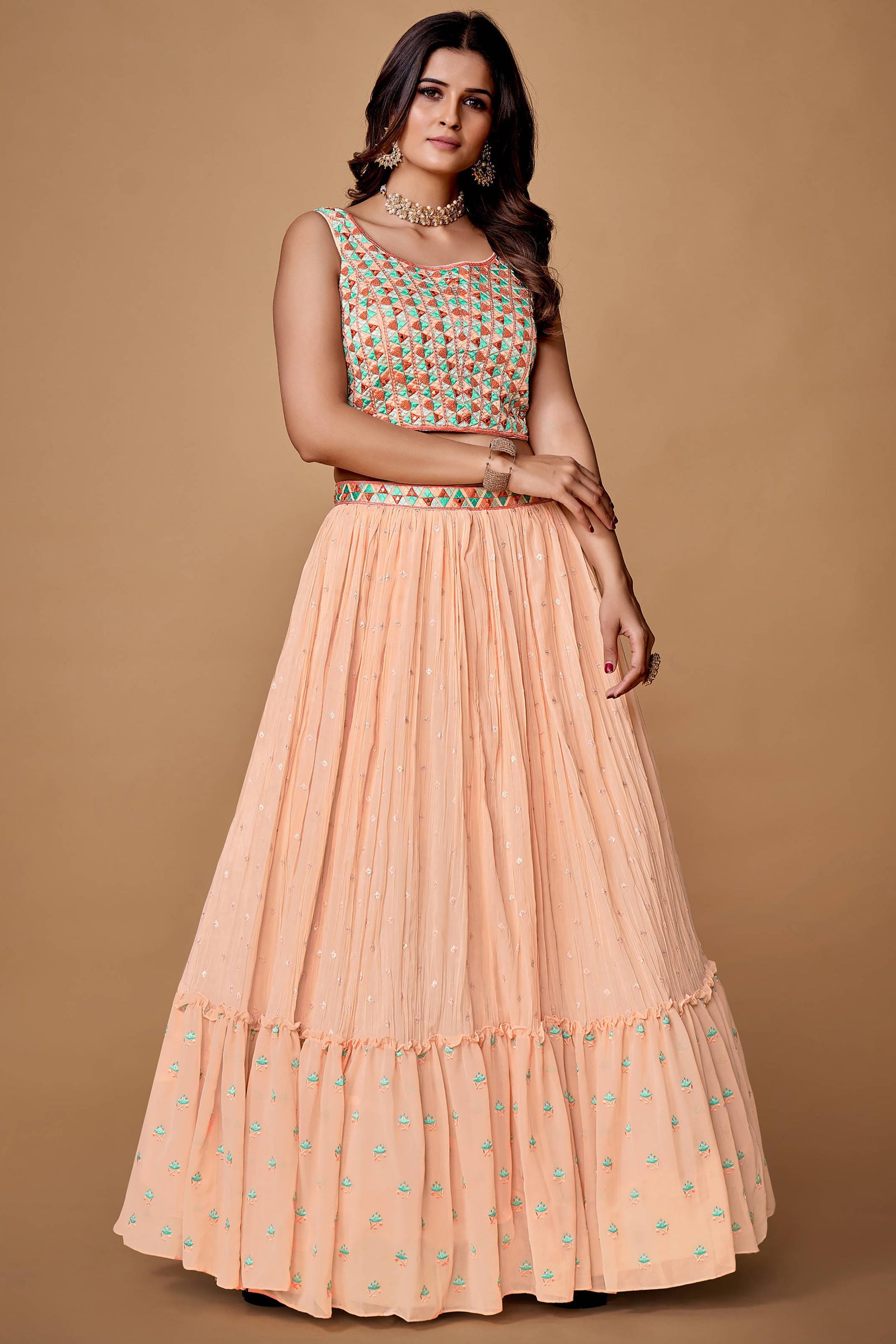 Peach Thread Work Georgette Reception Wear Lehenga Choli Clothsvilla