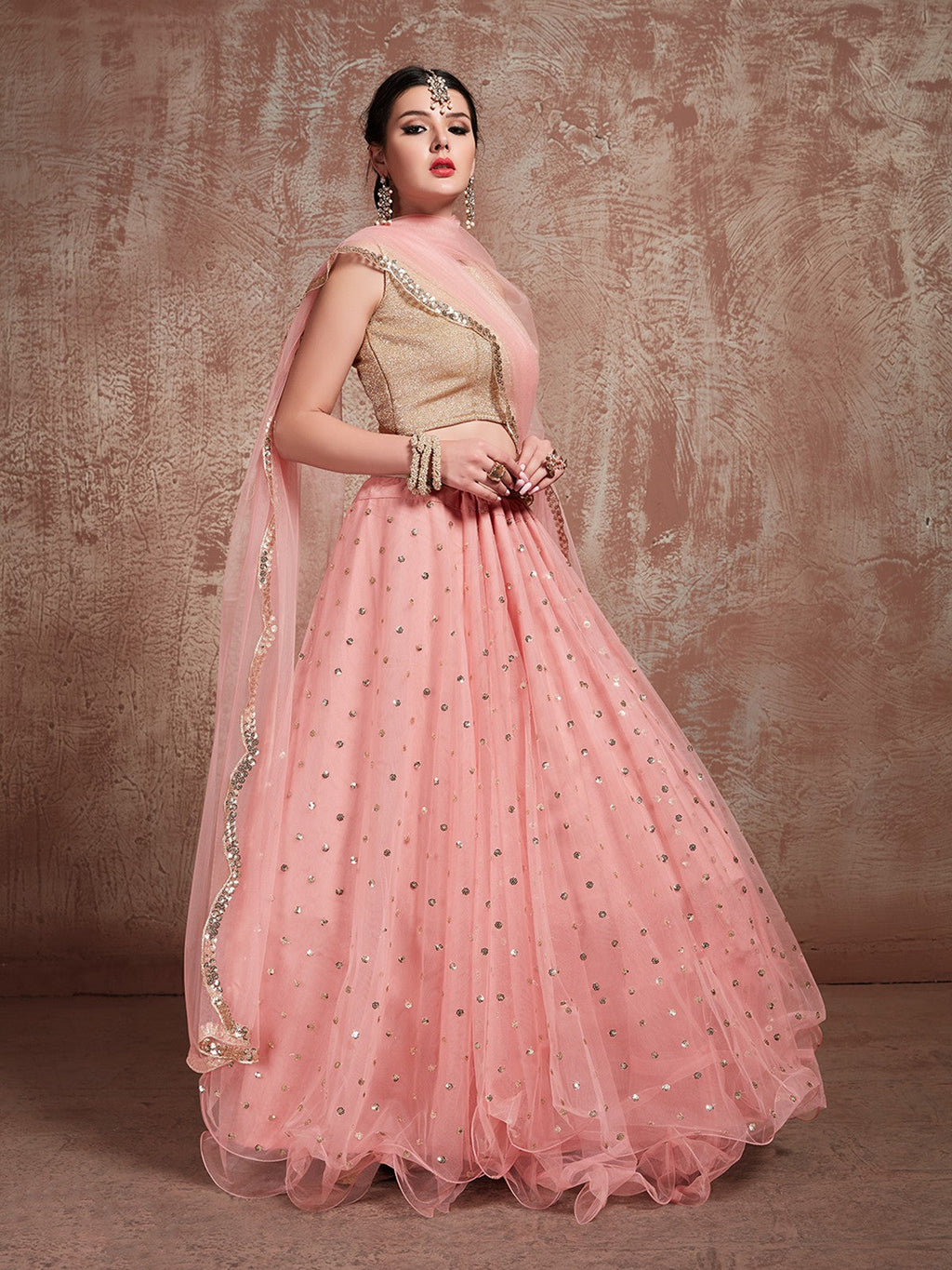 Peach  Soft Net Seqins Semi Stitched Lehenga With  Unstitched Blouse Clothsvilla