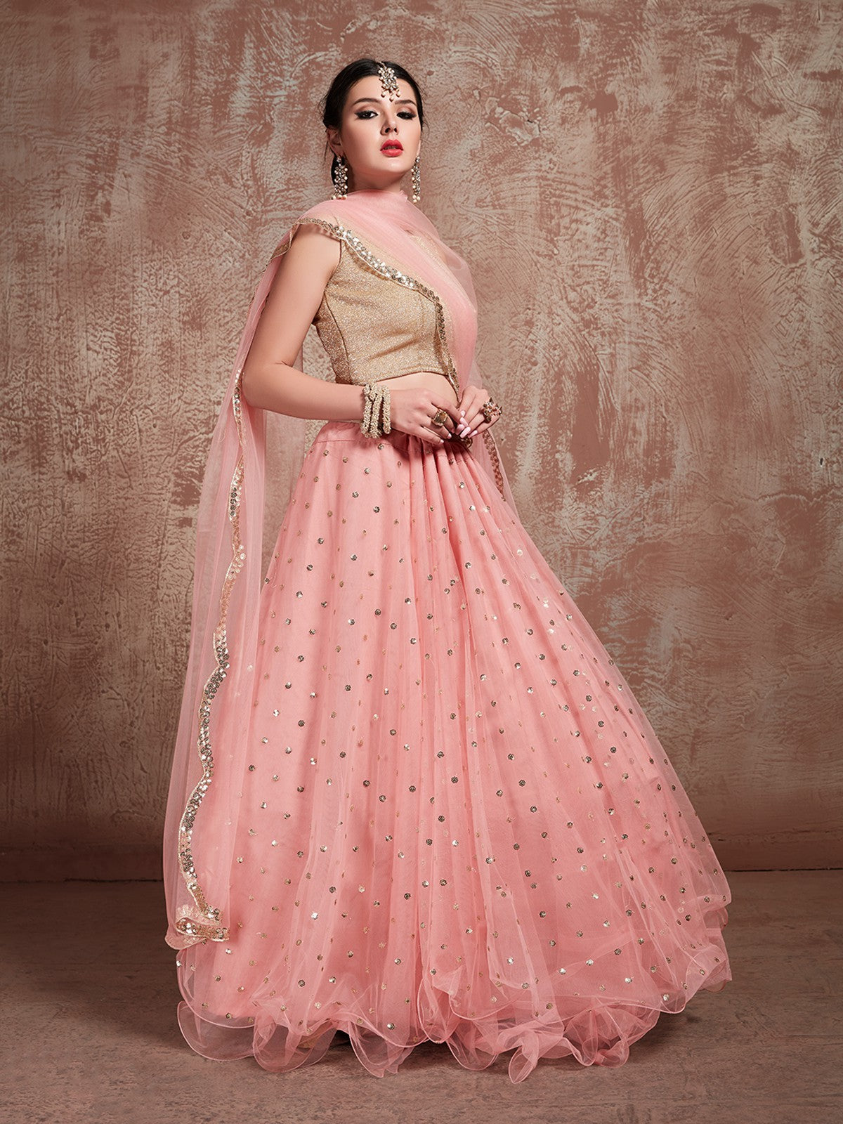 Peach  Soft Net Seqins Semi Stitched Lehenga With  Unstitched Blouse Clothsvilla