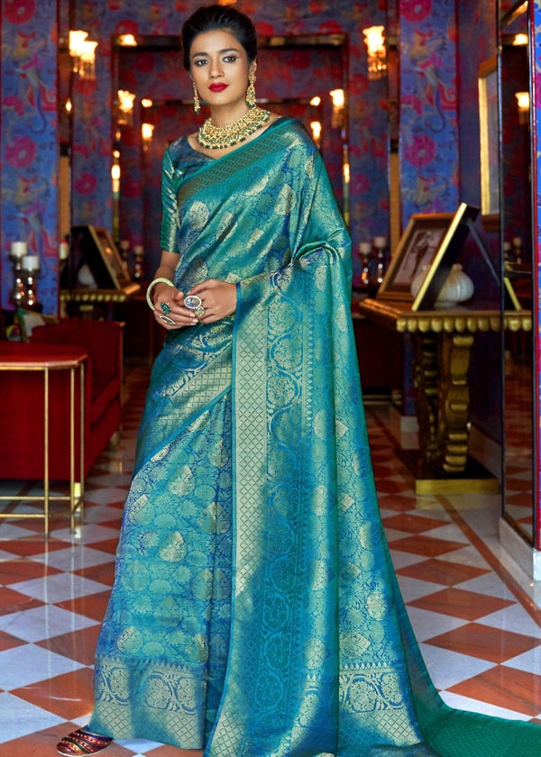 Sapphire Blue and Golden Blend Woven Kanjivaram Soft Silk Saree Clothsvilla