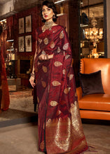 Load image into Gallery viewer, Wine Red Pure Satin Woven Silk Saree with overall Golden Buti Clothsvilla