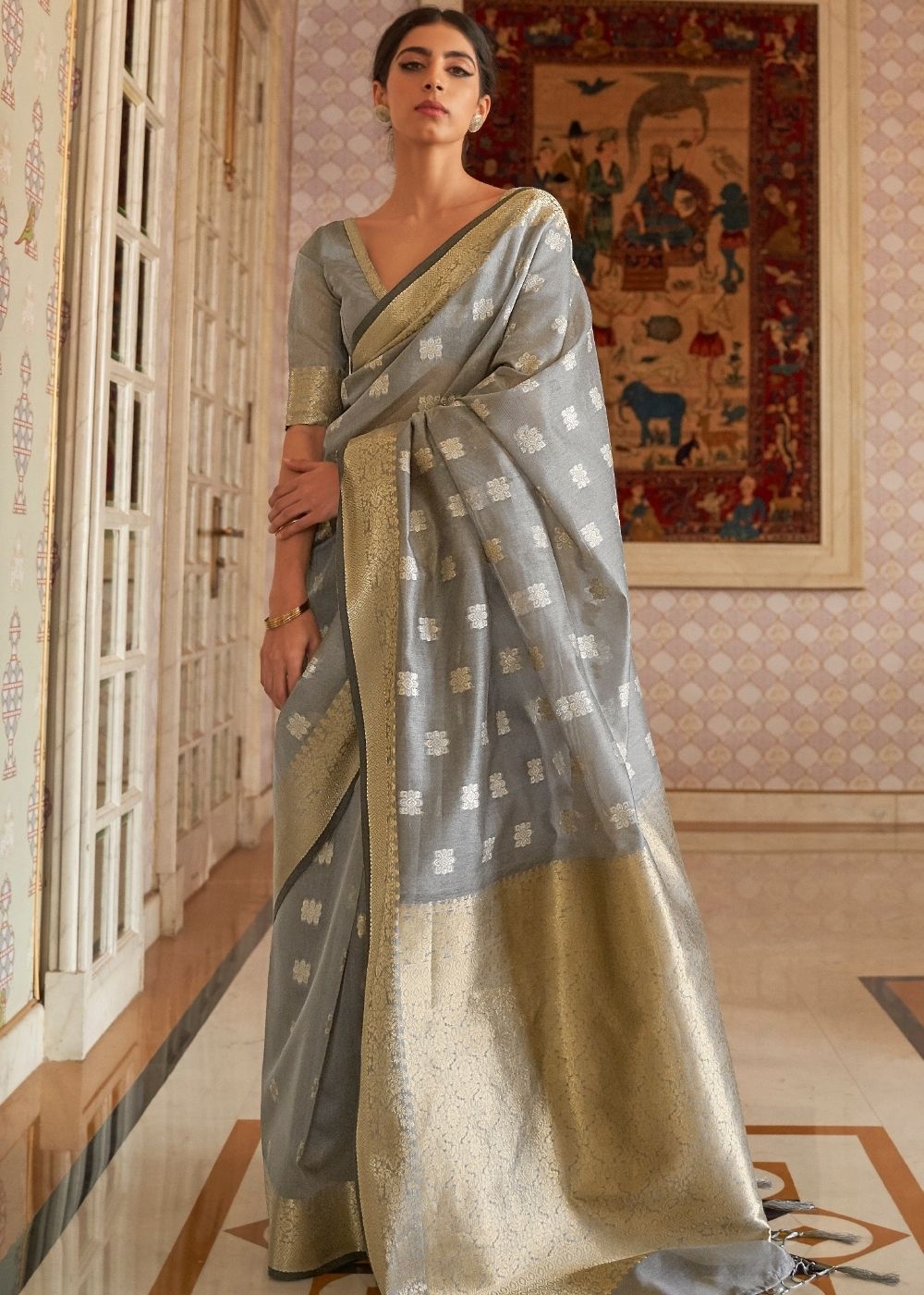 Mink Grey Zari Woven Linen Silk Saree Clothsvilla Main image