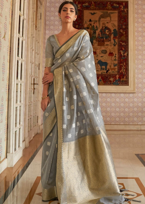 Mink Grey Zari Woven Linen Silk Saree Clothsvilla Main image