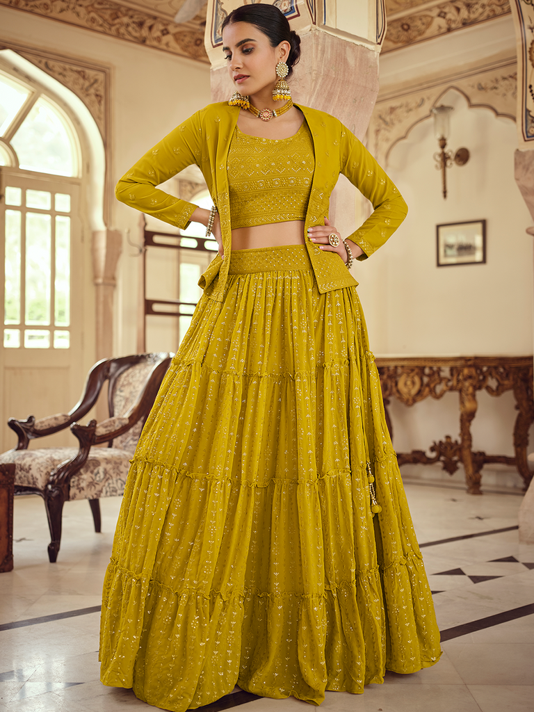 Mustard Embroidered Georgette Semi Stitched Lehenga With Unstitched Blouse Clothsvilla