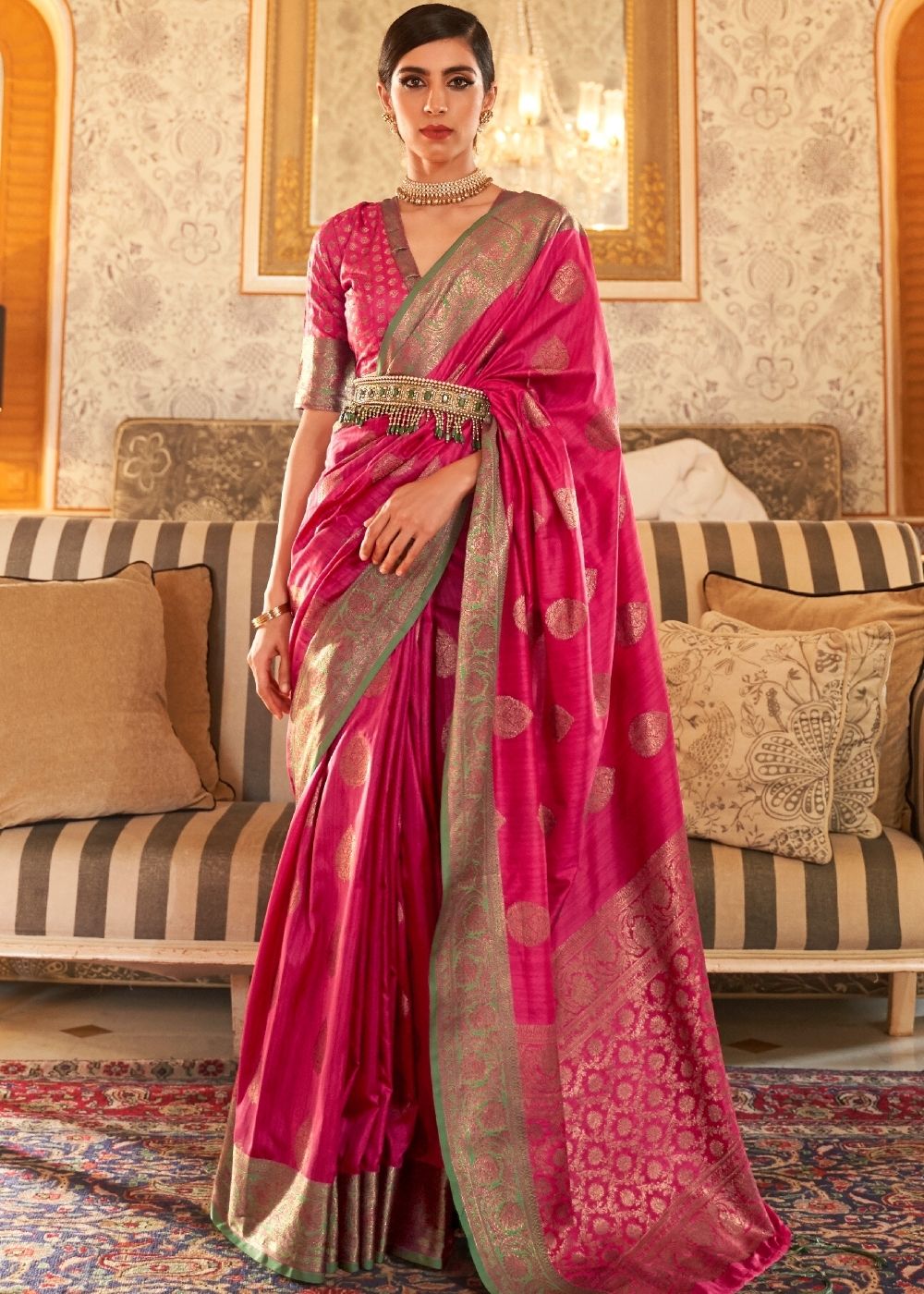 Ruby Pink Satin Woven Silk Saree with overall Golden Buti at Rs 3160.00 |  Pure Silk Sarees | ID: 2852793940348