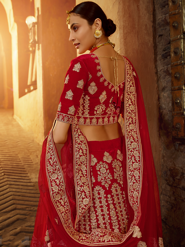 Red Embroidered Velvet Semi Stitched Lehenga With Unstitched Blouse Clothsvilla