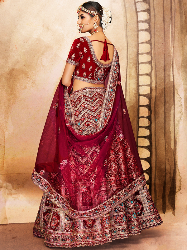 Maroon Embroidered Semi Stitched Lehenga With Unstitched Blouse Clothsvilla