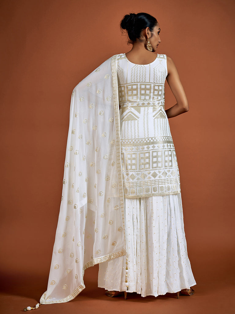 Classic White Embroidered Georgette Partywear Stitched Kurta Set Clothsvilla