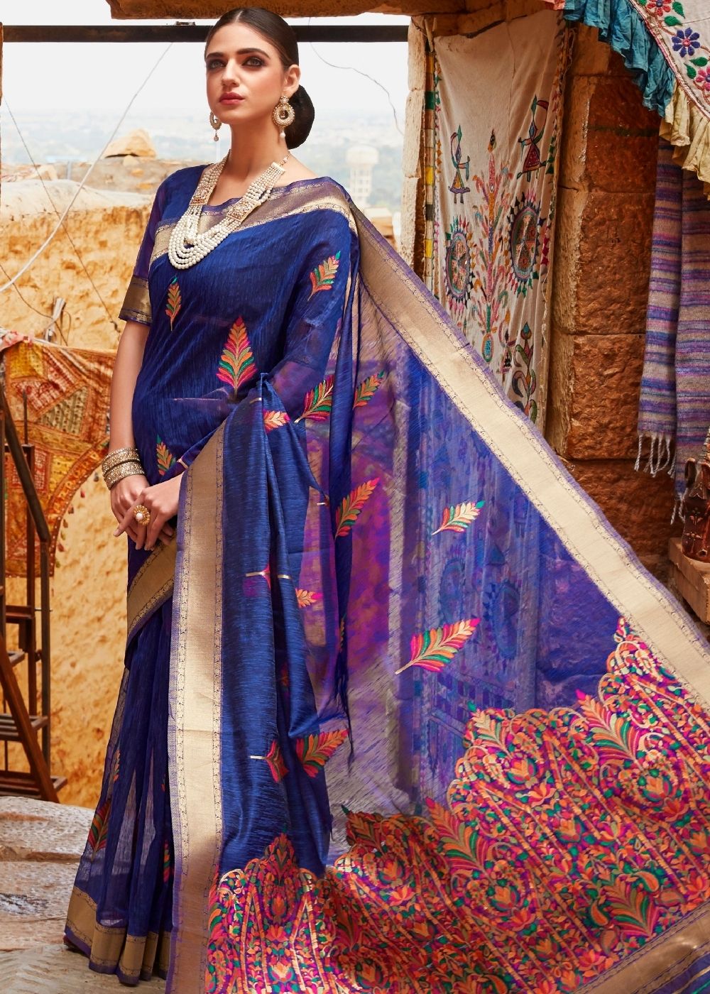 Berry Blue Linen Silk Saree with Colorful Weaving work Clothsvilla Main image