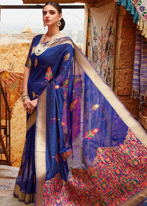 Berry Blue Linen Silk Saree with Colorful Weaving work Clothsvilla Main image