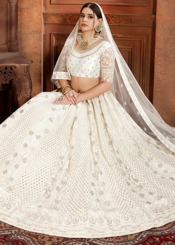 Daisy White Soft Net Lehenga Choli with Thread,Zari, Zarkan & Pearl work Clothsvilla