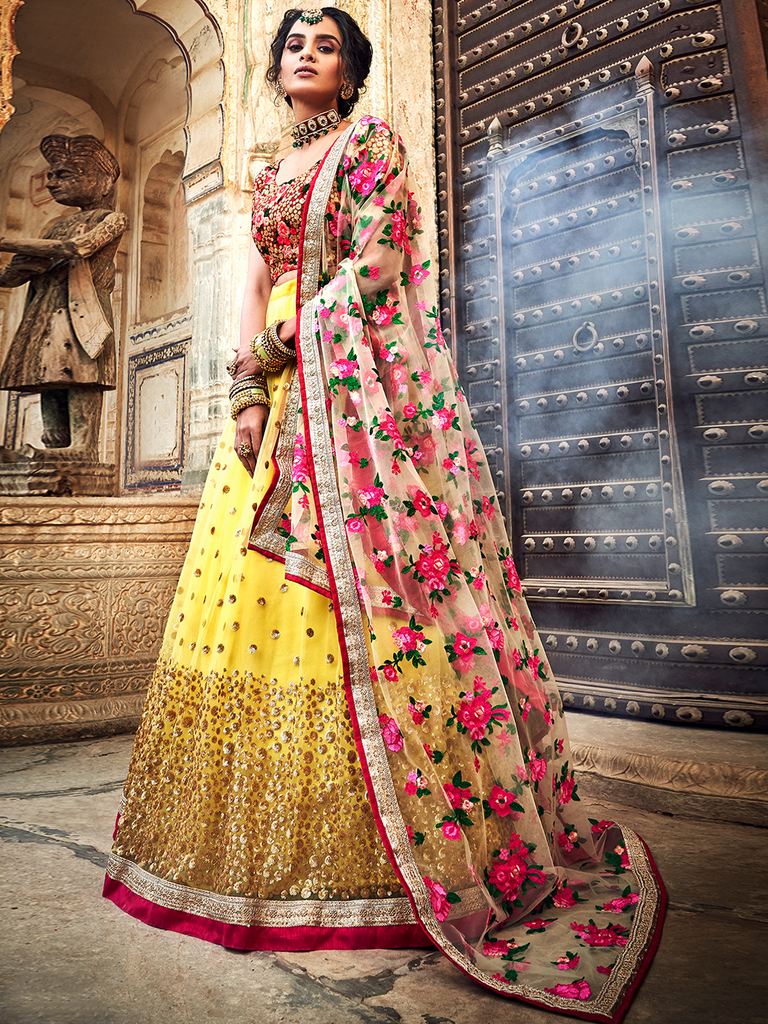 Yellow Embroidered Soft Net Semi Stitched Lehenga With Unstitched Blouse Clothsvilla