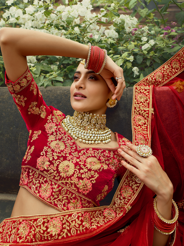 Red Embroidered Velvet Semi Stitched Lehenga With Unstitched Blouse Clothsvilla