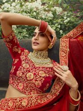 Load image into Gallery viewer, Red Embroidered Velvet Semi Stitched Lehenga With Unstitched Blouse Clothsvilla