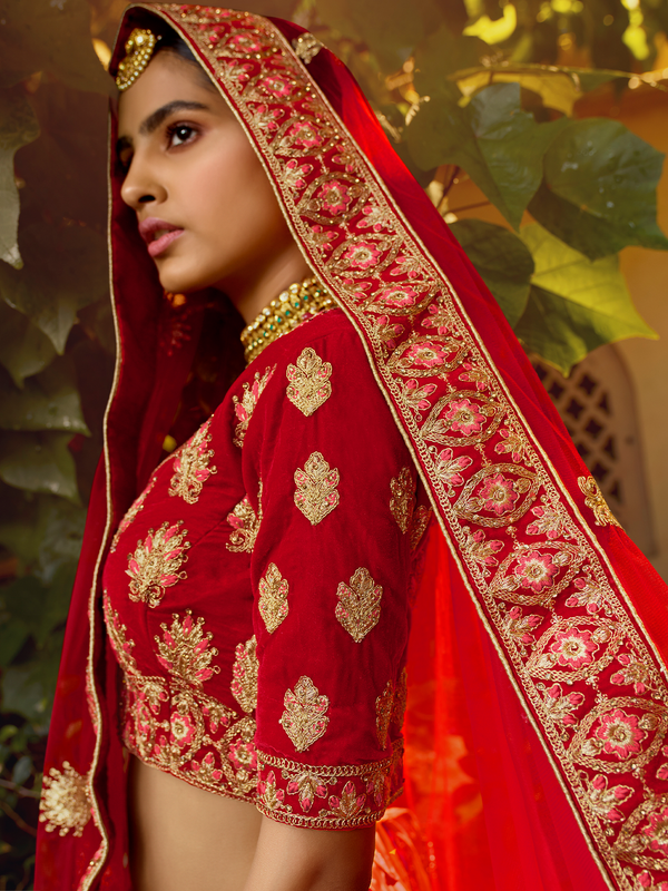 Red Embroidered Velvet Semi Stitched Lehenga With Unstitched Blouse Clothsvilla