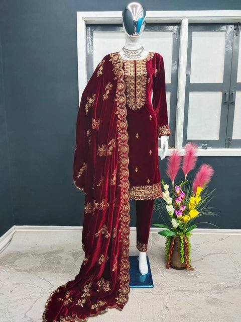 Fashionable Velvet Red Color Salwar Suit Clothsvilla Main image