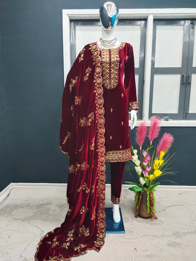 Fashionable Velvet Red Color Salwar Suit Clothsvilla