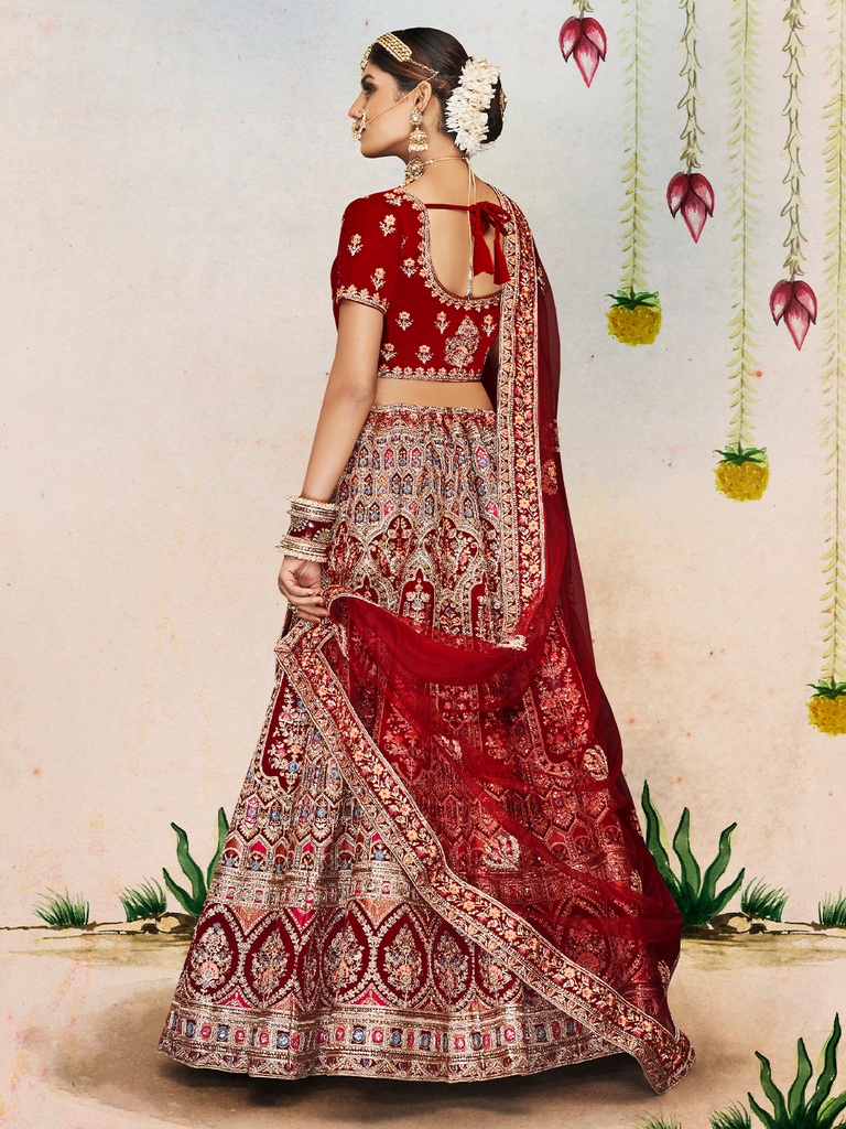 Maroon Velvet Semi Stitched Lehenga With Unstitched Blouse Clothsvilla