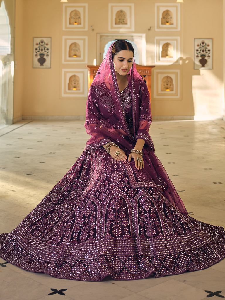 Purple Soft Net Semi Stitched Lehenga With Unstitched Blouse Clothsvilla