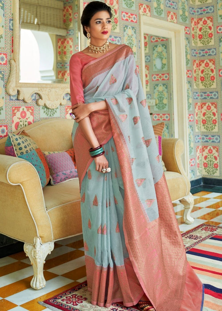 Sky Blue Woven Linen Silk Saree with Butti overall Clothsvilla