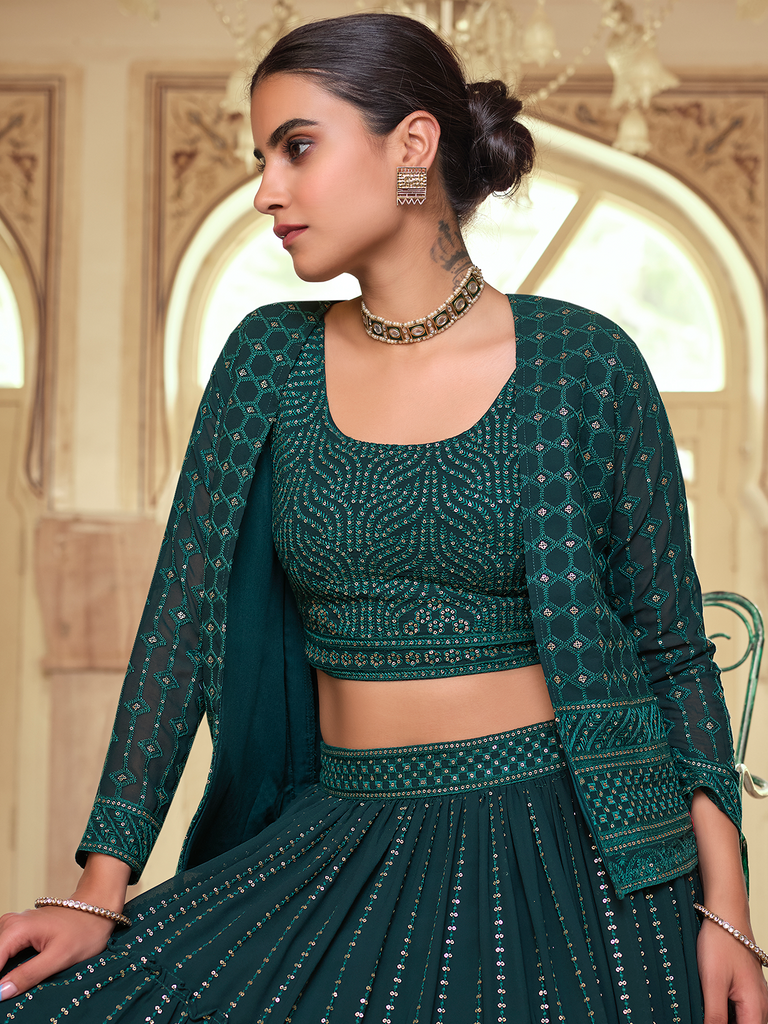Dark Green Embroidered Georgette Semi Stitched Lehenga With Unstitched Blouse Clothsvilla