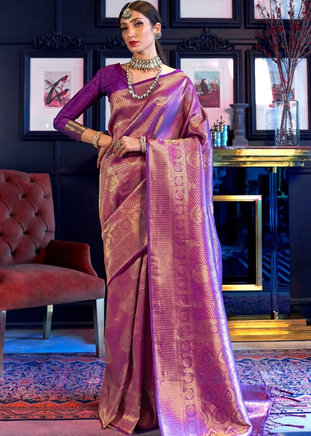 Golden Purple Kanjivaram Soft Woven Silk Saree : Top Pick Clothsvilla Main image