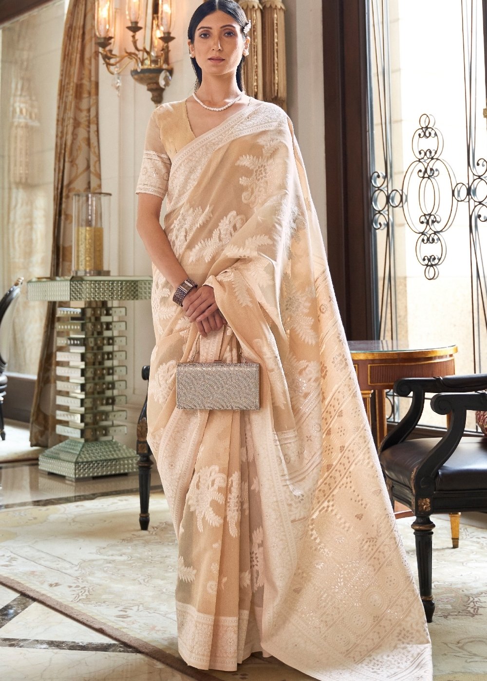Tortilla Brown Lucknowi Chikankari Weaving Silk Saree Clothsvilla
