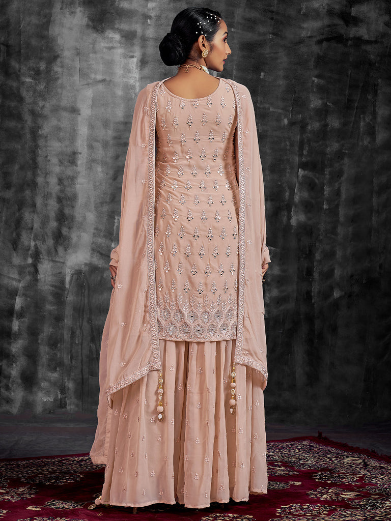 Classic Embroidered Peach Georgette Stitched Kurta Set Clothsvilla