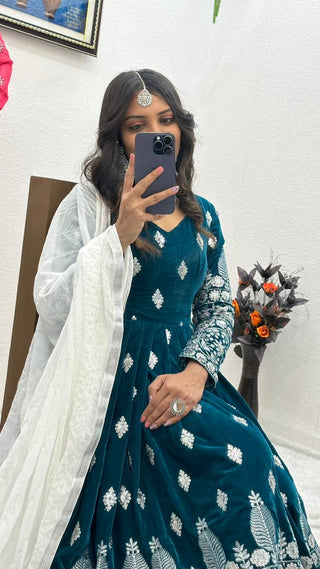 Teal Blue Color Embroidery Sequence Work Designer Velvet Gown Clothsvilla