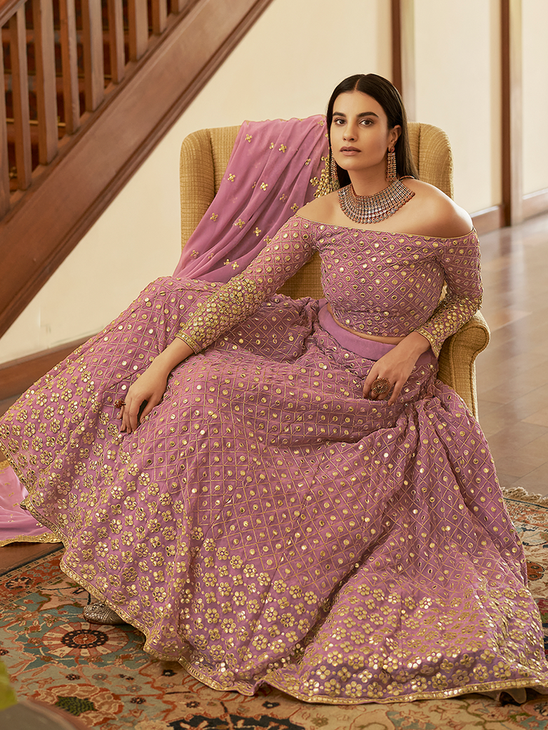 Purple Embroidered Georgette Semi Stitched Lehenga With Unstitched Blouse Clothsvilla