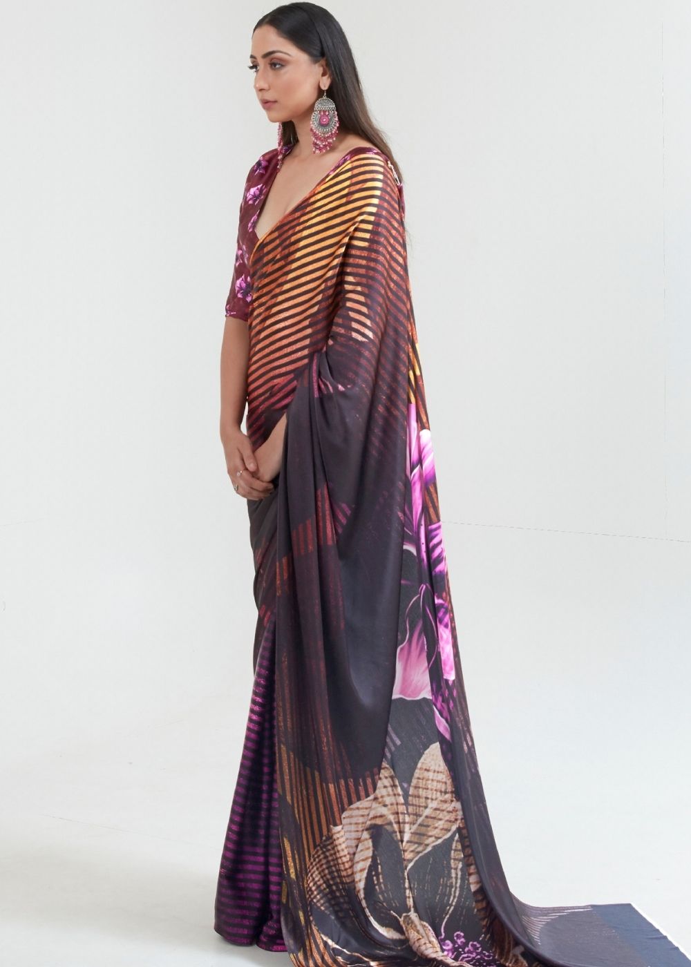 Umber Brown & Black Satin Silk Digital Printed Saree Clothsvilla Main image