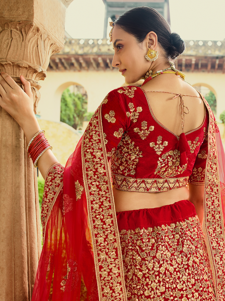 Red Velvet Semi Stitched Lehenga With Unstitched Blouse Clothsvilla